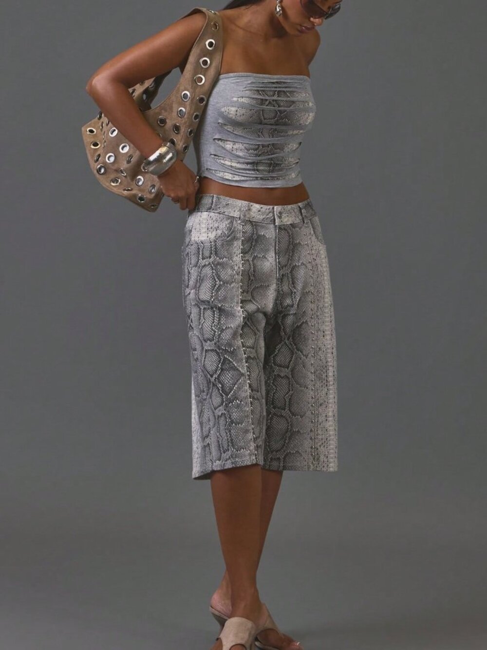 Grey Casual Women's Snake Print Matte Jorts